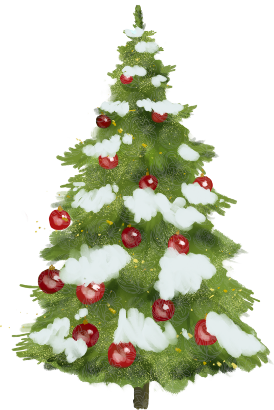 Christmas tree covered in snow with red ball ornaments and golden sparkles, Grey Barn Handwerk, Saskatchewan.
